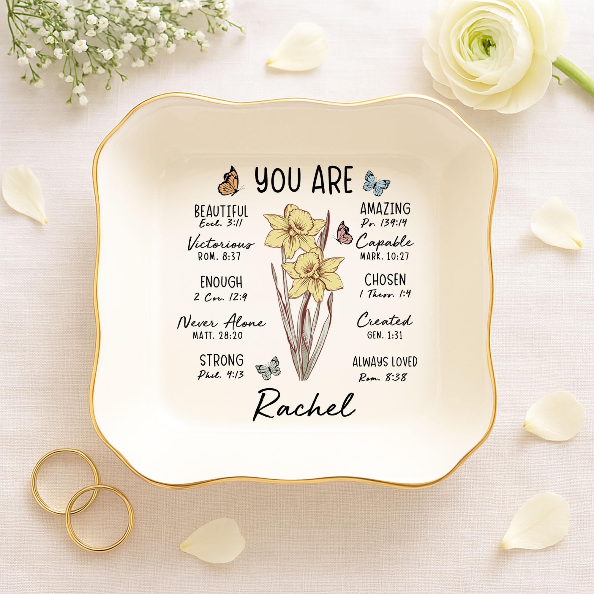 Personalized Bible Verse Jewelry Dish, Custom Bible Verse Ring Dish Gift for Her, Christian Trinket Dish, God Says You Are Gift, Faith Gift JDLAF02